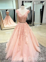 Party Dresses Stores, Pink Sleeveless V Neck Tulle Lace Applique Long Prom Dresses