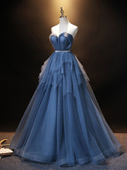 Prom Dress Brands, Blue Sweetheart Neck Tulle Long Prom Dress, Blue Evening Dress