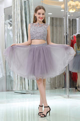 Formal Dress For Graduation, 2 Piece Gray Tulle Short Suit Skirt With Lace Homecoming Dresses