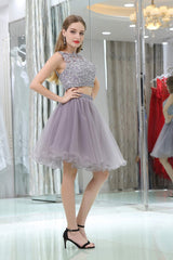 Formal Dresses Floral, 2 Piece Gray Tulle Short Suit Skirt With Lace Homecoming Dresses