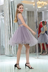 Formal Dresses To Wear To A Wedding, 2 Piece Gray Tulle Short Suit Skirt With Lace Homecoming Dresses
