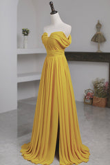 Dinner Outfit, Yellow Chiffon Long Prom Dress, A-Line Off the Shoulder Evening Dress