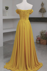 Party Dress Short Tight, Yellow Chiffon Long Prom Dress, A-Line Off the Shoulder Evening Dress