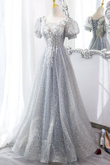 Prom Dresses Inspired, Gray Tulle Lace Long Party Dress, A-Line Evening Dress