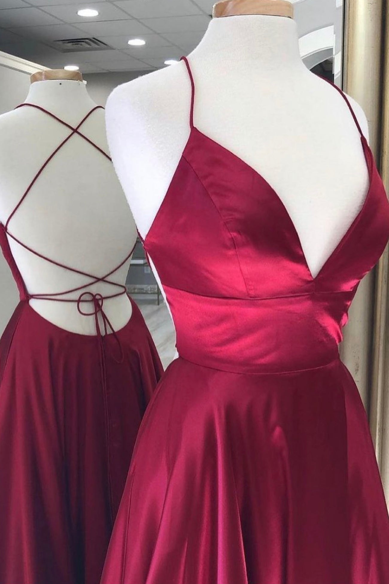 Formal Dresses For Sale, Burgundy Satin Long Prom Dresses, Simple A-Line Backless Evening Dresses