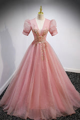 Flower Girl Dress, Pink V-Neck Tulle Long Prom Dresses, A-Line Short Sleeve Evening Dresses