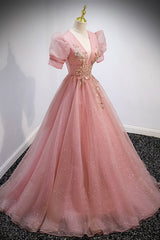 Bridesmaid Dress Dusty Rose, Pink V-Neck Tulle Long Prom Dresses, A-Line Short Sleeve Evening Dresses