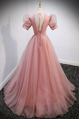 Mother Of The Bride Dress, Pink V-Neck Tulle Long Prom Dresses, A-Line Short Sleeve Evening Dresses