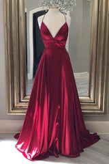 Formal Dresses Gown, Burgundy Satin Long Prom Dresses, Simple A-Line Backless Evening Dresses