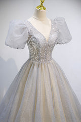 Prom Dress Gold, Grey V-Neck Tulle Beading Long Prom Dresses, A-Line Evening Dresses