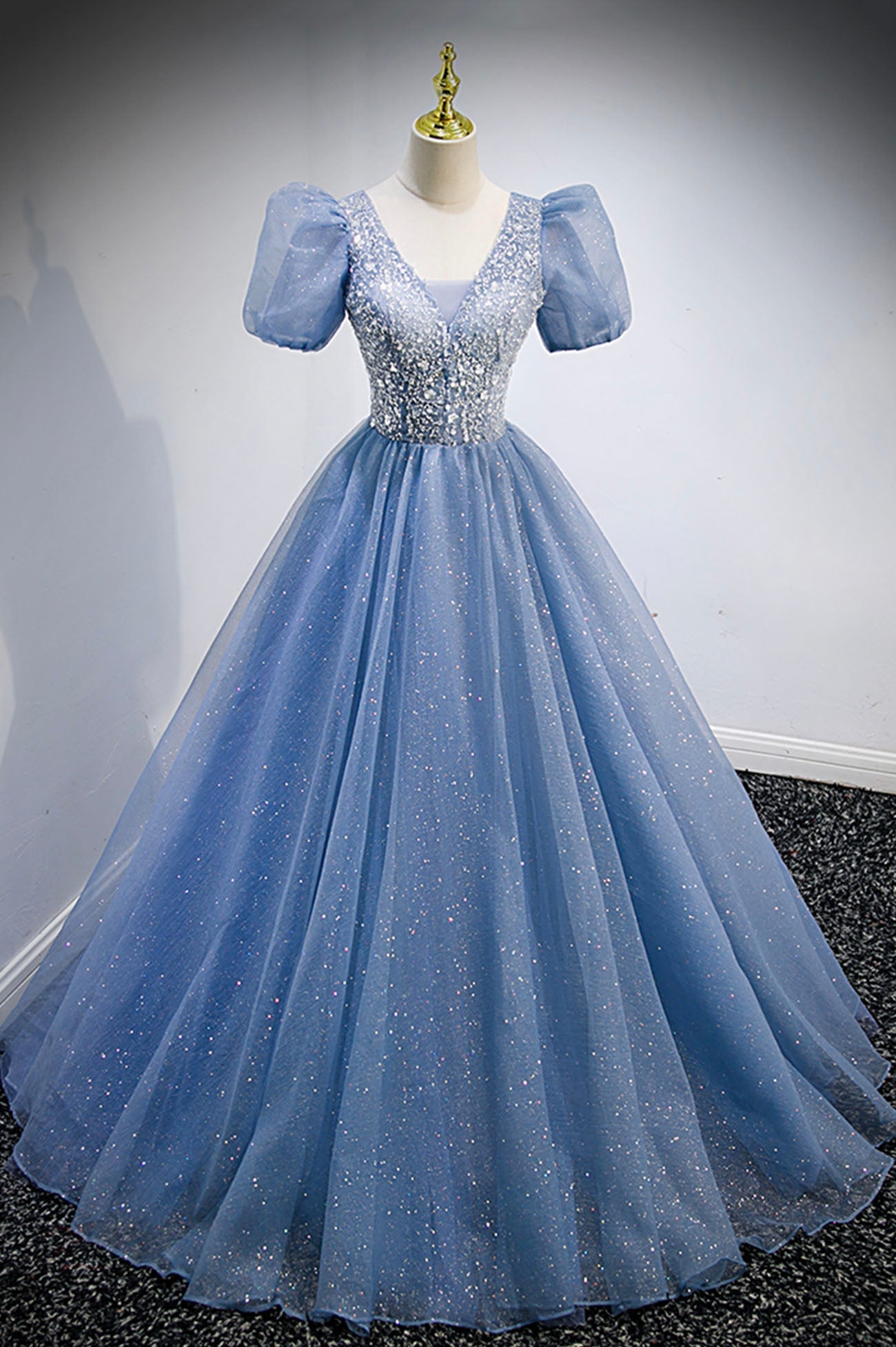 Backless Dress, Blue V-Neck Tulle Beading Long Prom Dresses, Blue Short Sleeve Evening Dresses