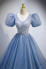 Bodycon Dress, Blue V-Neck Tulle Beading Long Prom Dresses, Blue Short Sleeve Evening Dresses