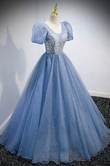 Gown Dress, Blue V-Neck Tulle Beading Long Prom Dresses, Blue Short Sleeve Evening Dresses