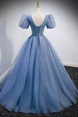 Sun Dress, Blue V-Neck Tulle Beading Long Prom Dresses, Blue Short Sleeve Evening Dresses