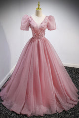 Groomsmen Attire, Pink V-Neck Tulle Long Prom Dresses, A-Line Evening Party Dresses