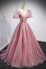 Bridesmaid Dresses Modest, Pink V-Neck Tulle Long Prom Dresses, A-Line Evening Party Dresses