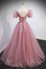 Country Wedding, Pink V-Neck Tulle Long Prom Dresses, A-Line Evening Party Dresses