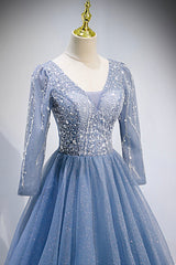 Ranch Dress, Blue V-Neck Tulle Beading Long Prom Dresses, Long Sleeve Evening Dresses