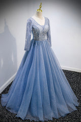 Lace Dress, Blue V-Neck Tulle Beading Long Prom Dresses, Long Sleeve Evening Dresses