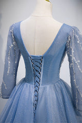 Party Dress High Neck, Blue V-Neck Tulle Beading Long Prom Dresses, Long Sleeve Evening Dresses