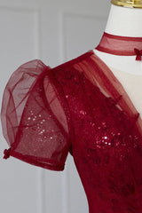 Formal Dresses Wedding Guest, Burgundy Tulle Sequins Tea Length Prom Dress, A-Line Evening Dress