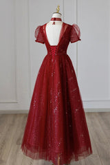 Formal Dresses Over 70, Burgundy Tulle Sequins Tea Length Prom Dress, A-Line Evening Dress