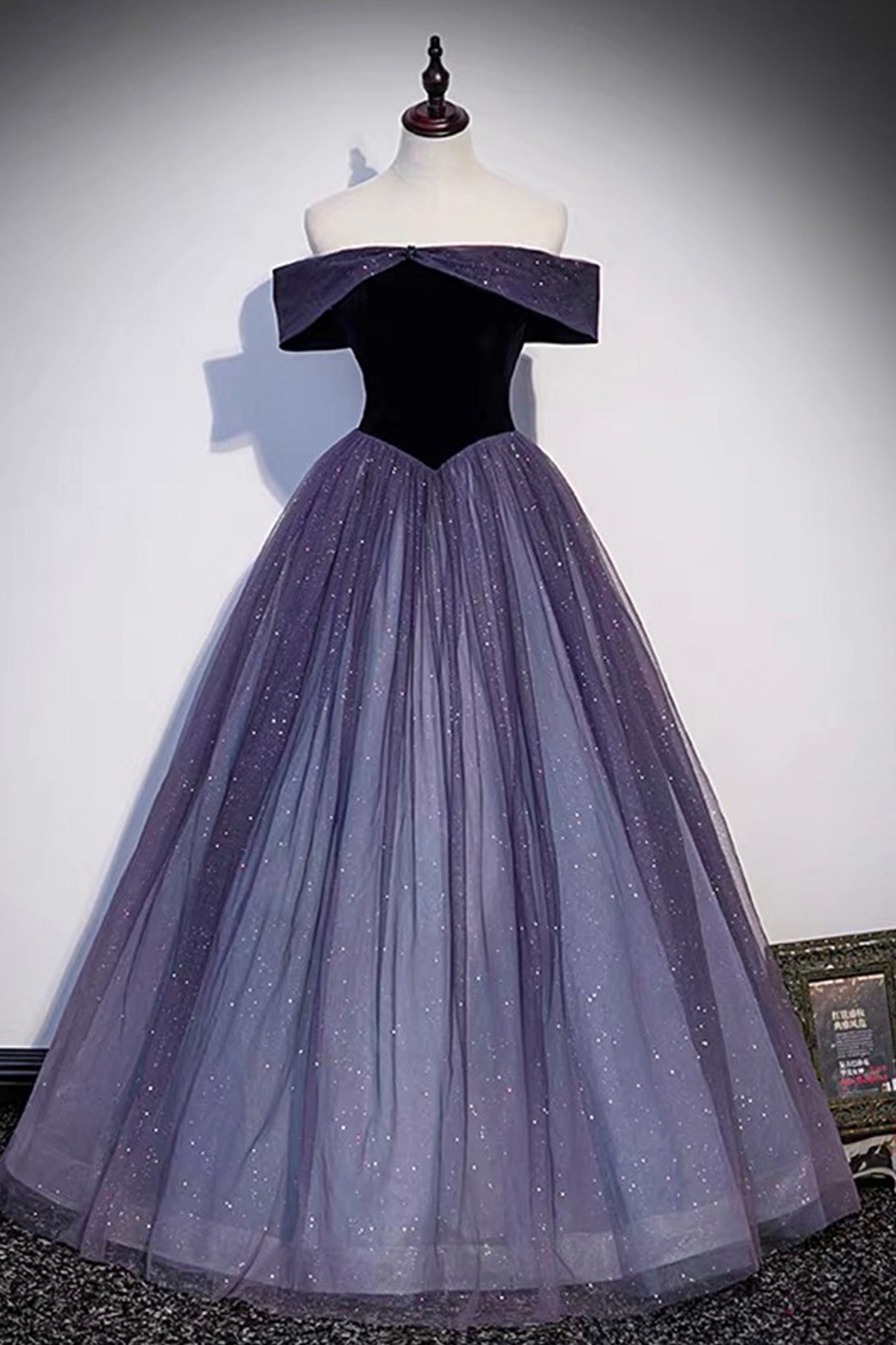 Party Dress Trends, Purple Velvet Tulle Long Prom Dresses, A-Line Off the Shhouler Evening Dresses