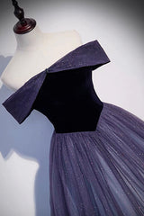 Party Dresses Ladies, Purple Velvet Tulle Long Prom Dresses, A-Line Off the Shhouler Evening Dresses