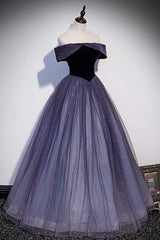 Party Dress Websites, Purple Velvet Tulle Long Prom Dresses, A-Line Off the Shhouler Evening Dresses