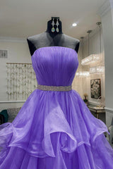 Bridesmaid, Purple Strapless Organza Long Prom Dress, Princess Quinceanera Dresses