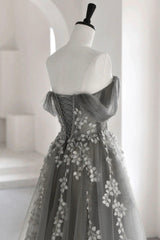 Prom Dress Website, Gray Tulle Lace Long Prom Dress, A-Line Off the Shoulder Evening Dress