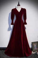 Elegant Gown, Burgundy Velvet Long Prom Dresses, A-Line Long Sleeve Evening Dresses