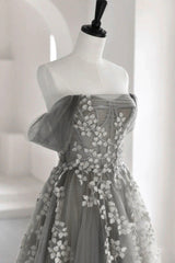 Prom Dresses Website, Gray Tulle Lace Long Prom Dress, A-Line Off the Shoulder Evening Dress