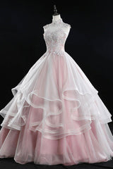 Bridesmaid Dresses Gold, Pink Tulle Lace Sweet 16 Dresses, Long Quinceanera Dresses