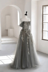 Prom Dress Designs, Gray Tulle Lace Long Prom Dress, A-Line Off the Shoulder Evening Dress