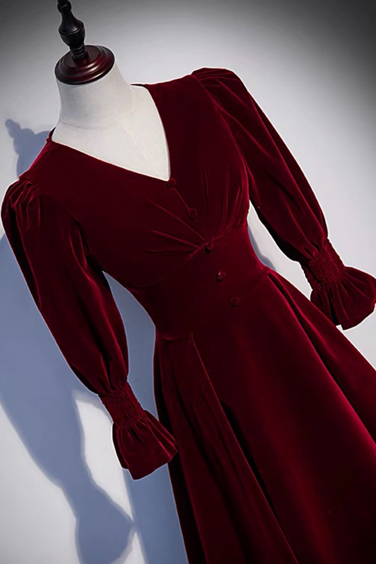 Dress Formal, Burgundy Velvet Long Prom Dresses, A-Line Long Sleeve Evening Dresses