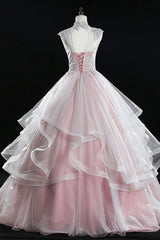 Bridesmaid Dress Gold, Pink Tulle Lace Sweet 16 Dresses, Long Quinceanera Dresses