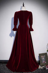 Senior Prom Dress, Burgundy Velvet Long Prom Dresses, A-Line Long Sleeve Evening Dresses