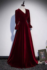 Gorgeou Dress, Burgundy Velvet Long Prom Dresses, A-Line Long Sleeve Evening Dresses