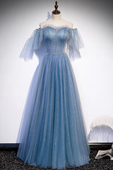 Party Dress Teen, Blue Tulle Beading Long Prom Dresses, A-Line Evening Party Dresses