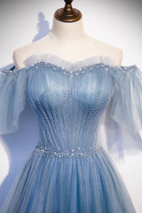 Party Dresses Teen, Blue Tulle Beading Long Prom Dresses, A-Line Evening Party Dresses