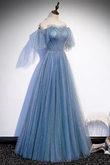 Party Dress Look, Blue Tulle Beading Long Prom Dresses, A-Line Evening Party Dresses