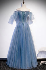 Party Dress New, Blue Tulle Beading Long Prom Dresses, A-Line Evening Party Dresses