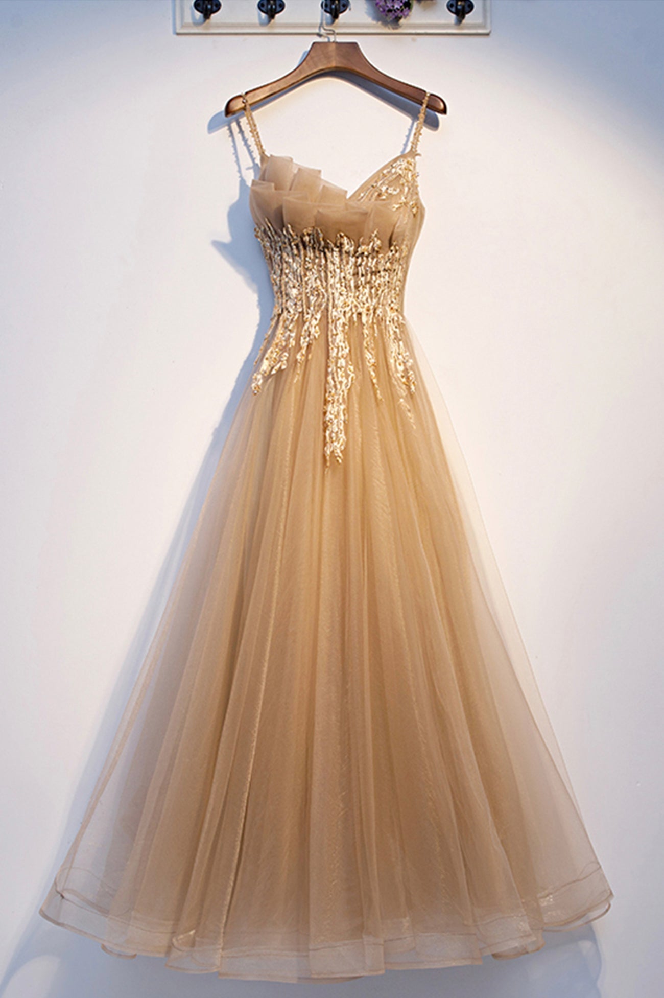 Graduation Outfit, Yellow Tulle Lace Long Prom Dress, A-Line Lace Evening Dress