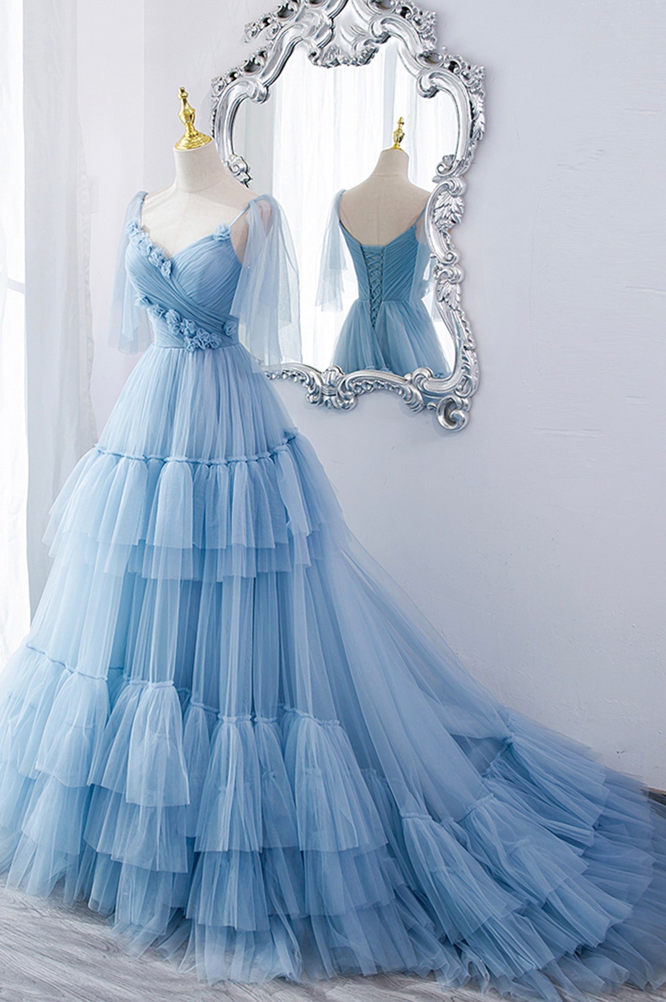 Princess Dress, A-Line Tulle Long Prom Dresses, V-Neck Spaghetti Strap Long Princess Dresses