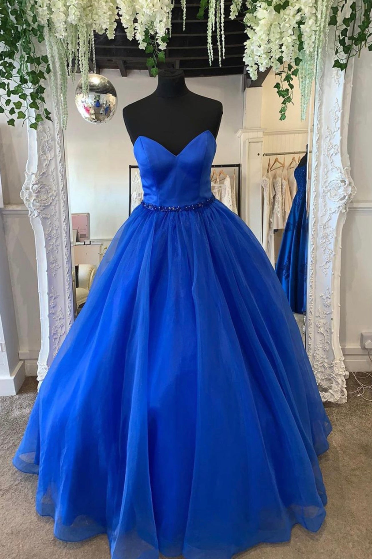 Party Dress Express, Blue Strapless Tulle Long Prom Dresses, A-Line Evening Dresses