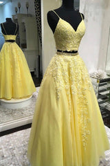 Party Dress For Babies, Yellow Lace Long Prom Dresses, Two Pieces Evening Dresses