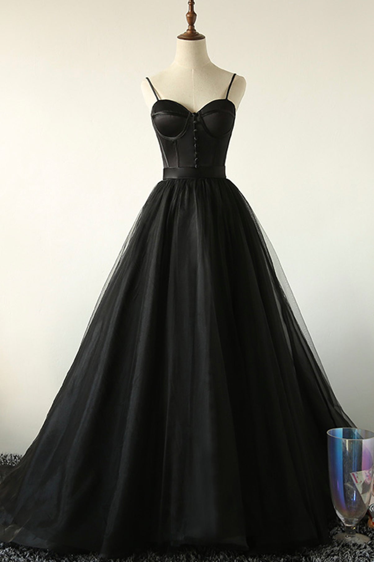 Bridesmaid Dresses Style, Black A-Line Spaghetti Strap Long Prom Dresses, Black Evening Dresses