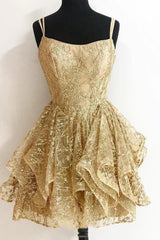 Prom Dress With Long Sleeves, Gold Sequins Short Prom Dresses, A-Line Homecoming Dresses