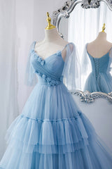 Evening Dress Elegant, A-Line Tulle Long Prom Dresses, V-Neck Spaghetti Strap Long Princess Dresses